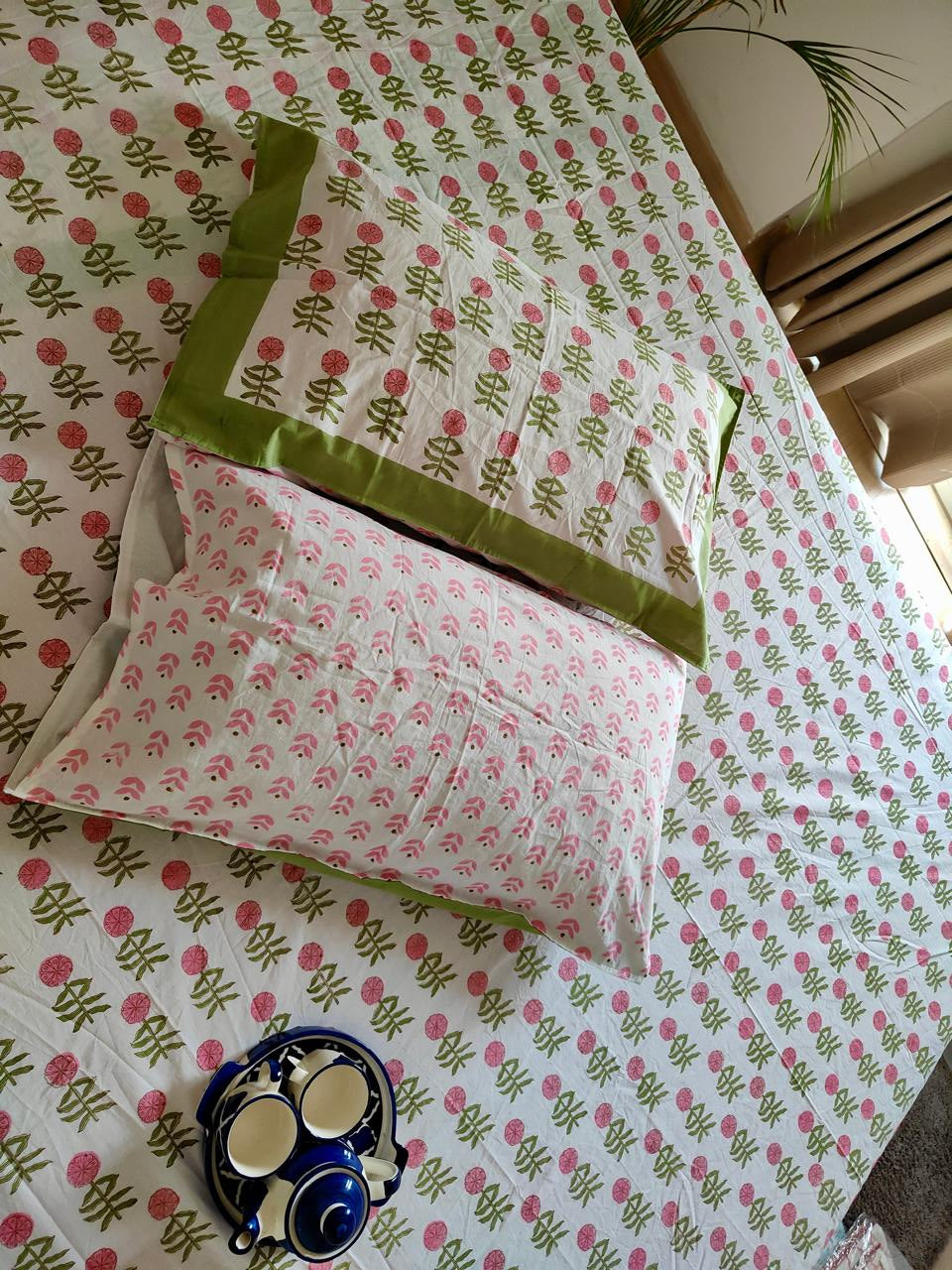 Dahlia hand block Soft Fine Cotton bedsheet – pillow cover detail