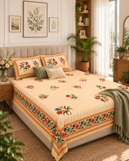 Dhaari Peach bedsheet with floral sprigs and border, styled with a sage throw
