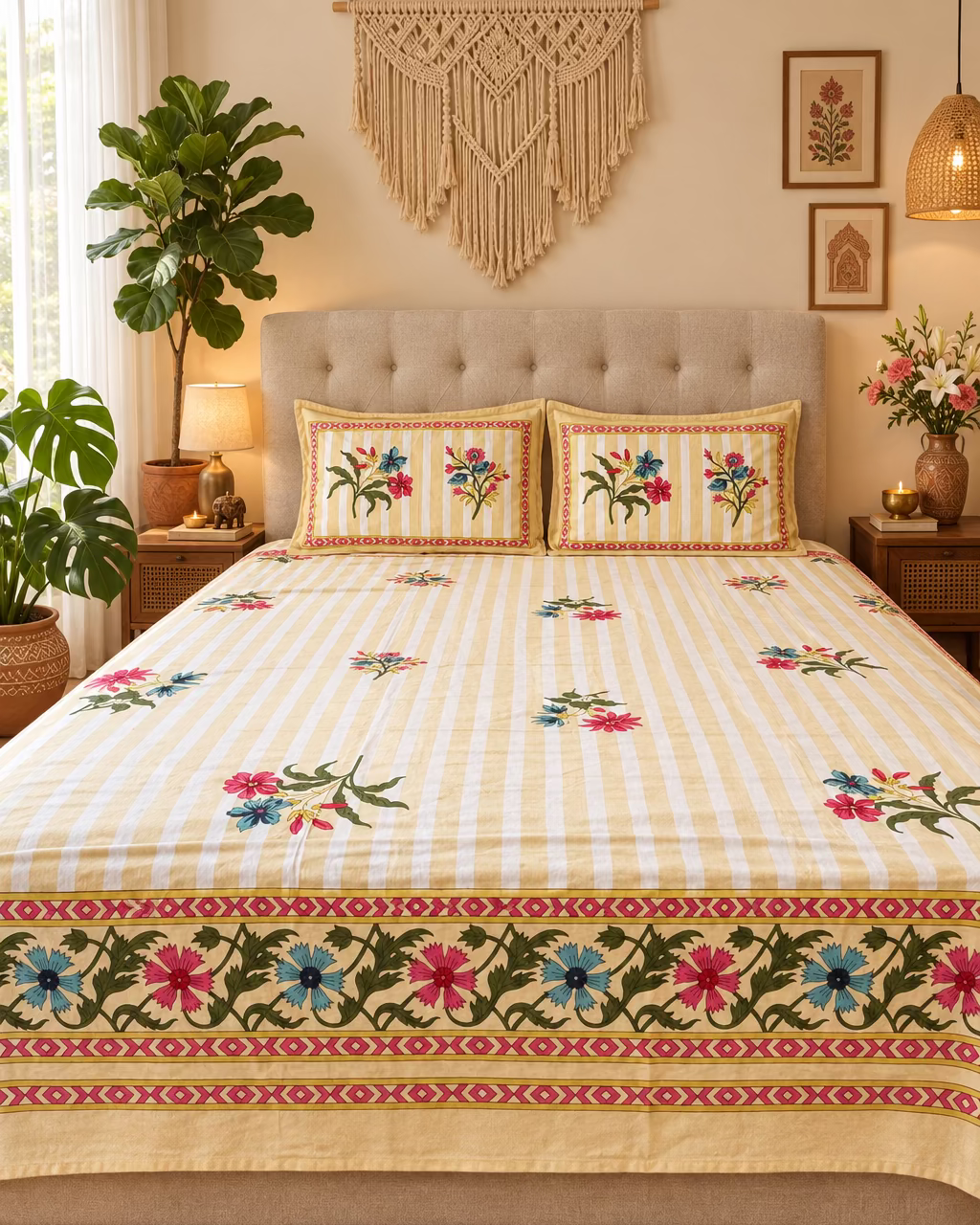 Dhaari Peach striped floral bedsheet on a beige tufted bed beside a macramé wall hanging