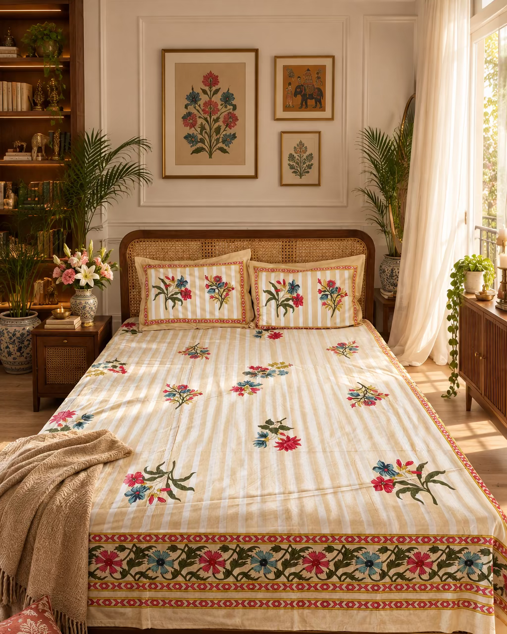 Dhaari Peach bedsheet and pillow covers on a cane-headboard bed with a beige throw