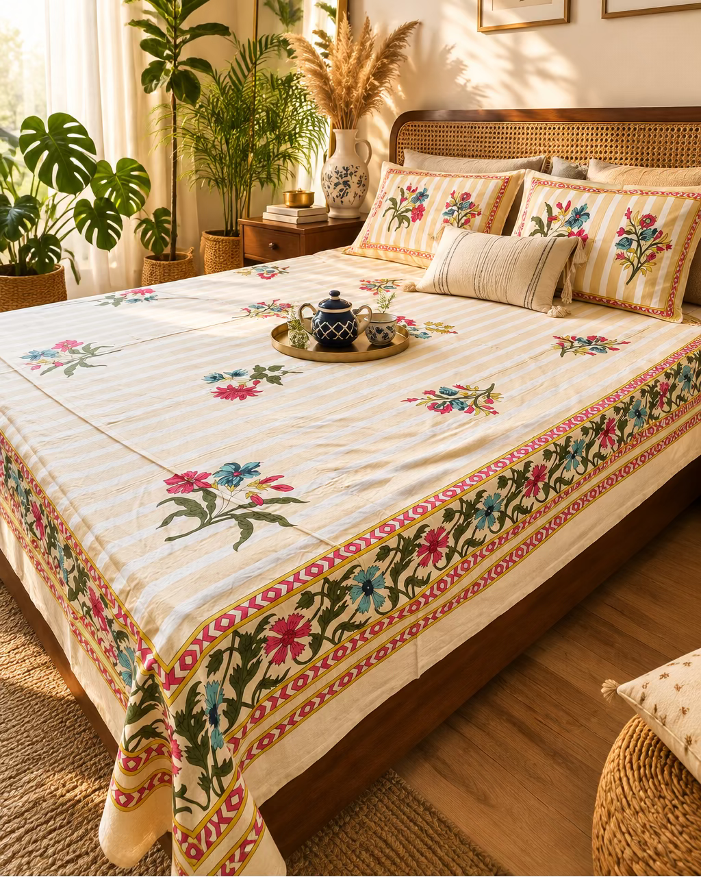 Dhaari Peach Everyday Cotton bedsheet with cream and yellow stripes, multicoloured floral sprigs and a floral border, with a tea tray