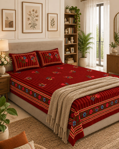 Dhaari Red Everyday Cotton bedsheet with fine red stripes, floral sprigs and a floral border, styled with a beige throw