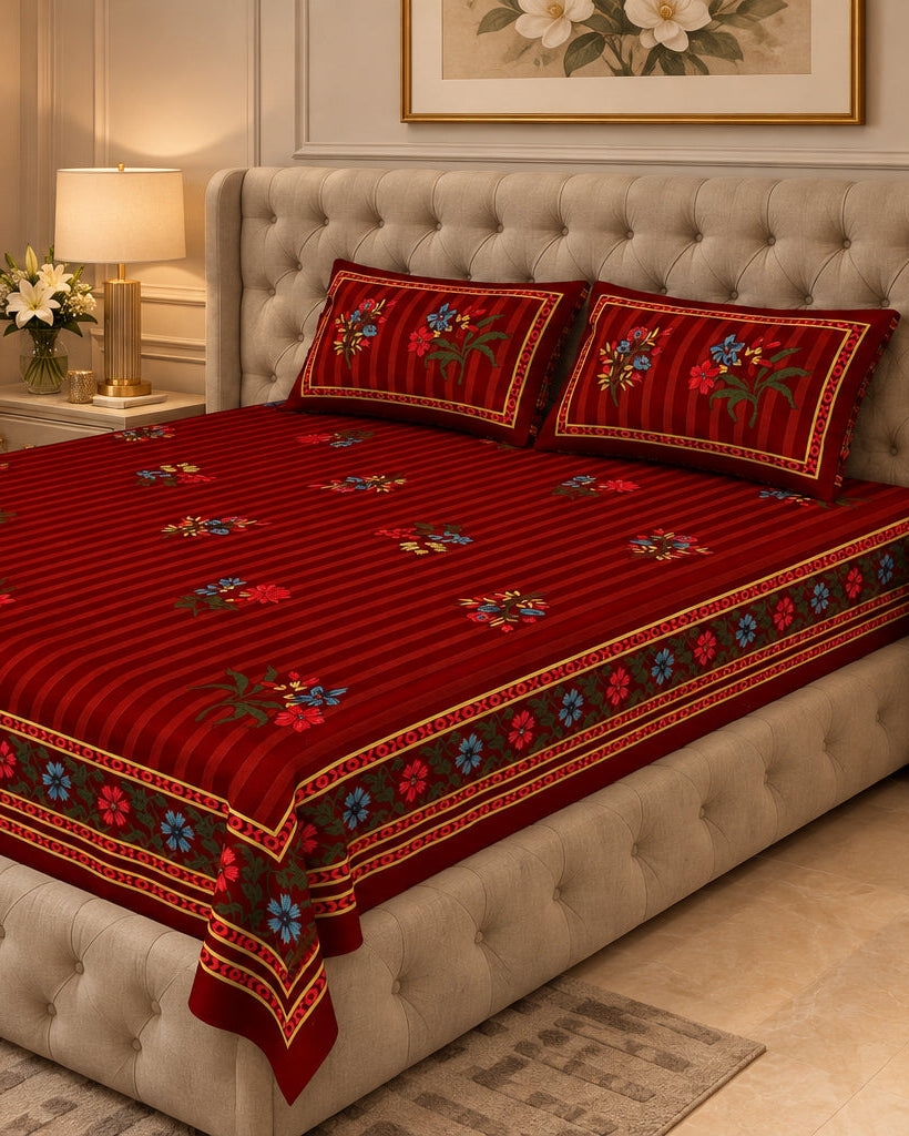 Dhaari Red bedsheet and pillow covers on a beige tufted bed