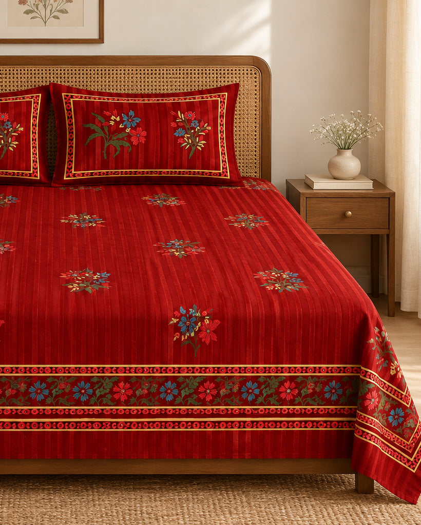 Dhaari Red bedsheet with multicoloured floral border on a cane bed