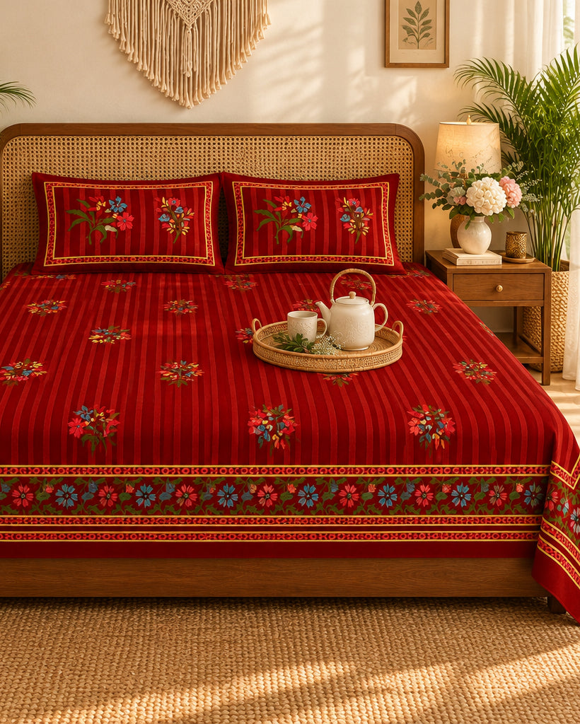 Dhaari Red striped floral bedsheet with a tea tray on a cane-headboard bed