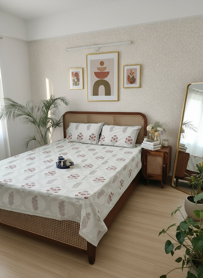 Bed with floral-patterned bedding in a room with a plant and side table.