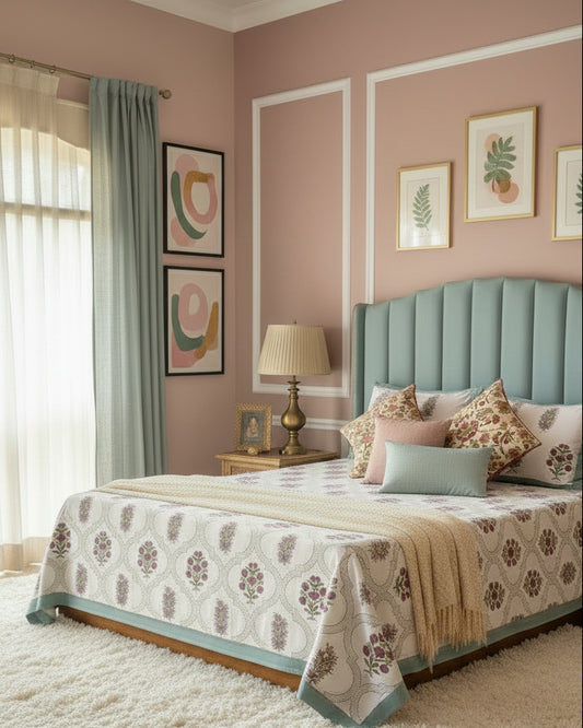 Floral patterned bedspread on a bed with matching pillows, surrounded by nightstands and decor.