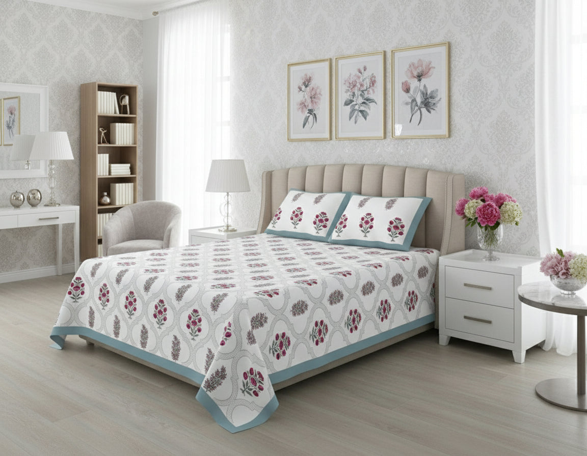 Floral patterned bedspread on a bed with matching pillows, surrounded by nightstands and decor.