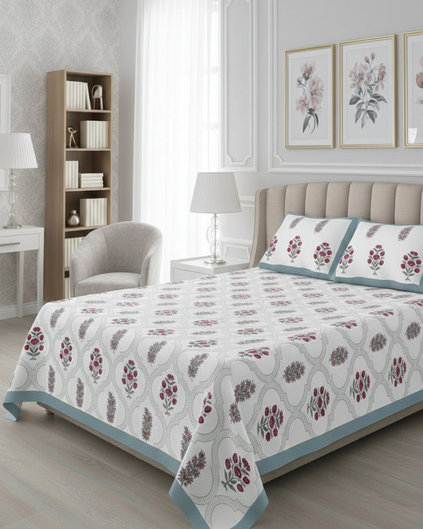 Floral patterned bedspread on a bed with matching pillows, surrounded by nightstands and decor.
