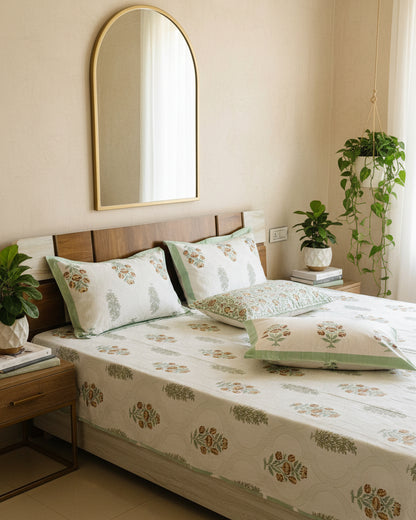 Fiza green medallion pure cotton bedsheet – styled on a bed