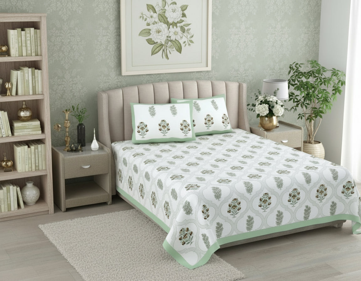 Bed with floral patterned bedding and matching pillows in a bedroom setting.
