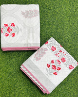 Grey medallion trellis reversible mulmul cotton dohar with burgundy floral bootis