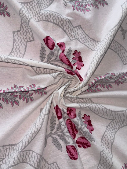 Fiza Grey Everyday Cotton bedsheet – close-up of medallion trellis and burgundy floral bootis