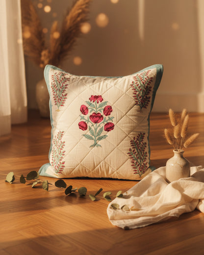Fiza blue quilted cotton cushion cover – styled view