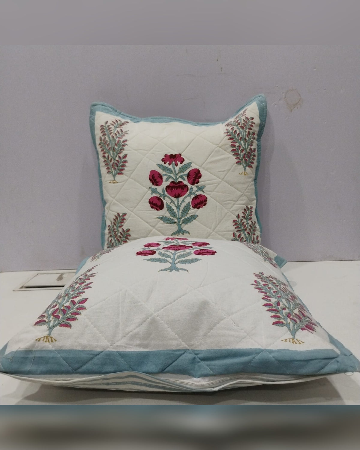 Fiza blue quilted cotton cushion cover – alternate view