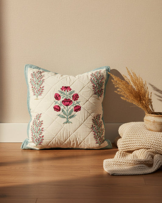 Fiza blue quilted cotton cushion cover – front view