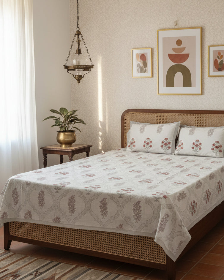 Bed with floral-patterned bedding in a room with a plant and side table.