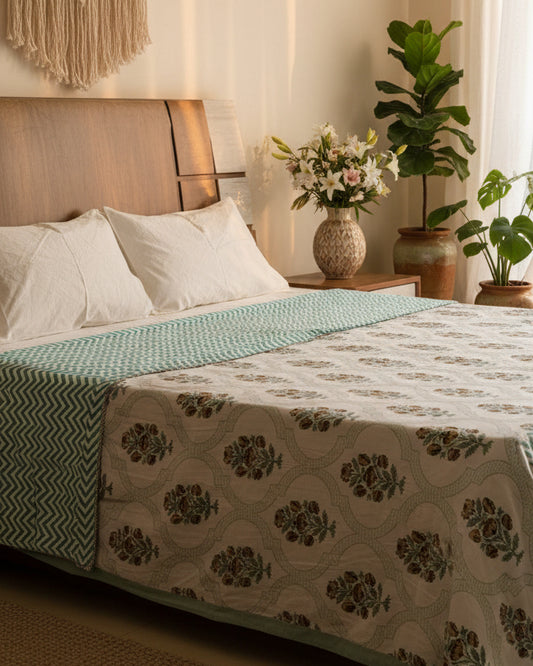 Green medallion trellis reversible mulmul cotton dohar with mustard-brown floral bootis, spread flat