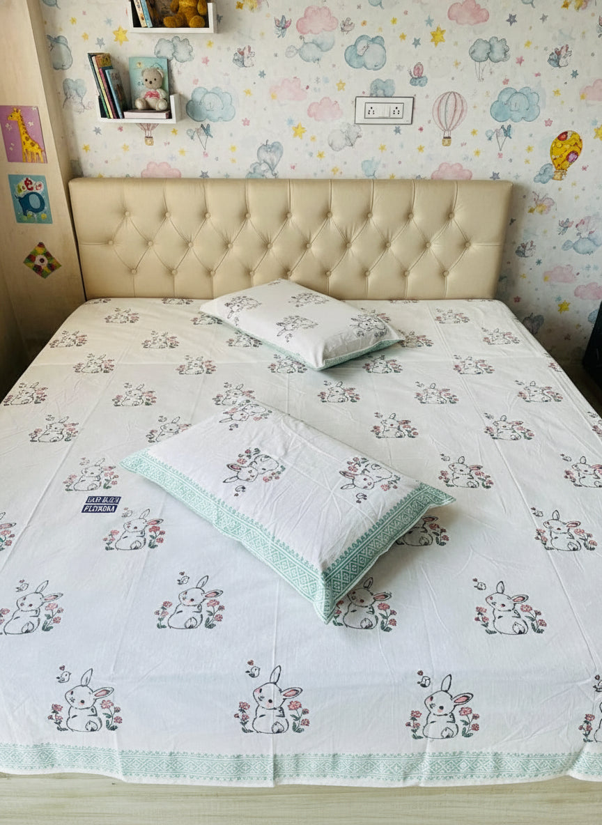 Garden Bunny - The soft Bedsheet | Hand Block | Soft Fine Cotton
