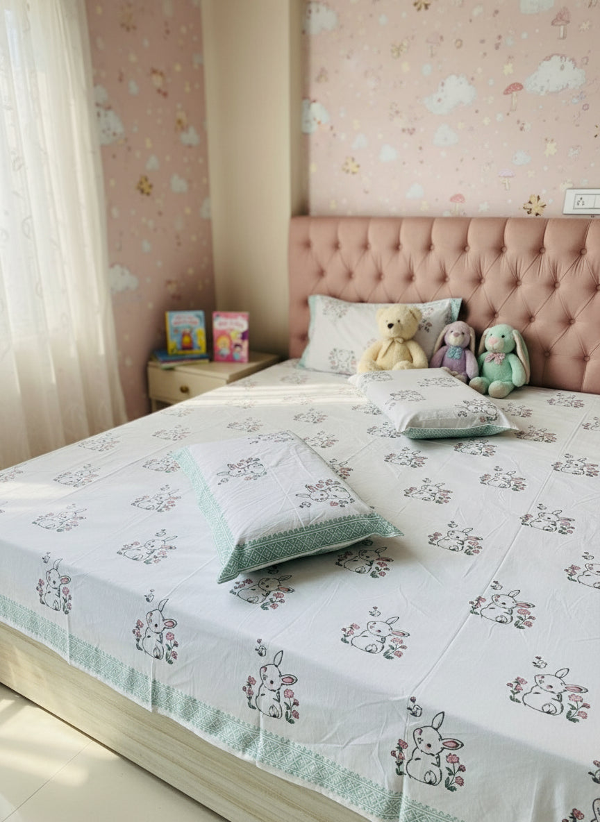 Garden Bunny - The soft Bedsheet | Hand Block | Soft Fine Cotton