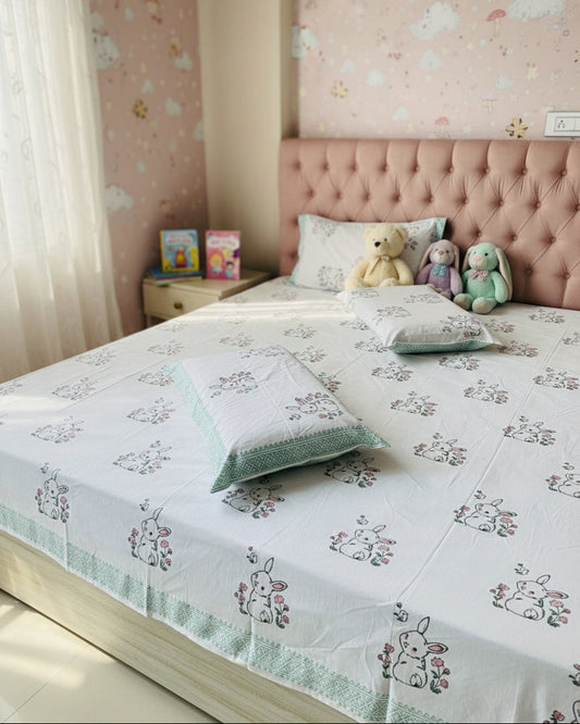 Garden Bunny hand block Soft Fine Cotton kids bedsheet – styled view
