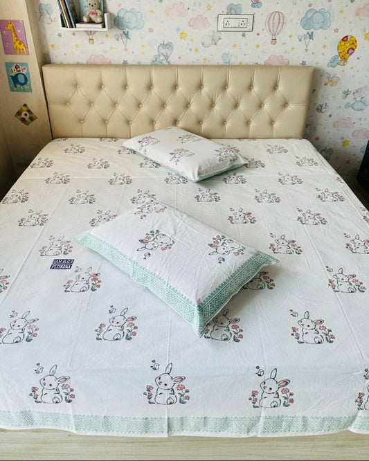 Garden Bunny hand block Soft Fine Cotton kids bedsheet – front view