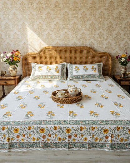 Yellow marigold cotton bedsheet and pillow covers styled with a tea tray on a cane headboard bed