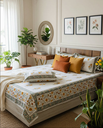 Yellow marigold booti cotton bedsheet with matching pillow covers on a beige tufted bed