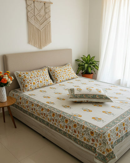 Gendika yellow marigold cotton bedsheet styled with a macrame wall hanging and potted plant