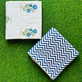 Blue floral spray reversible mulmul cotton dohar with a navy chevron reverse
