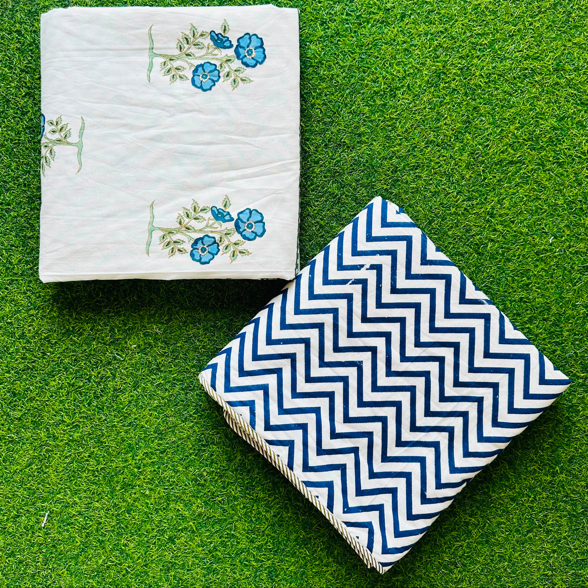 Blue floral spray reversible mulmul cotton dohar with a navy chevron reverse