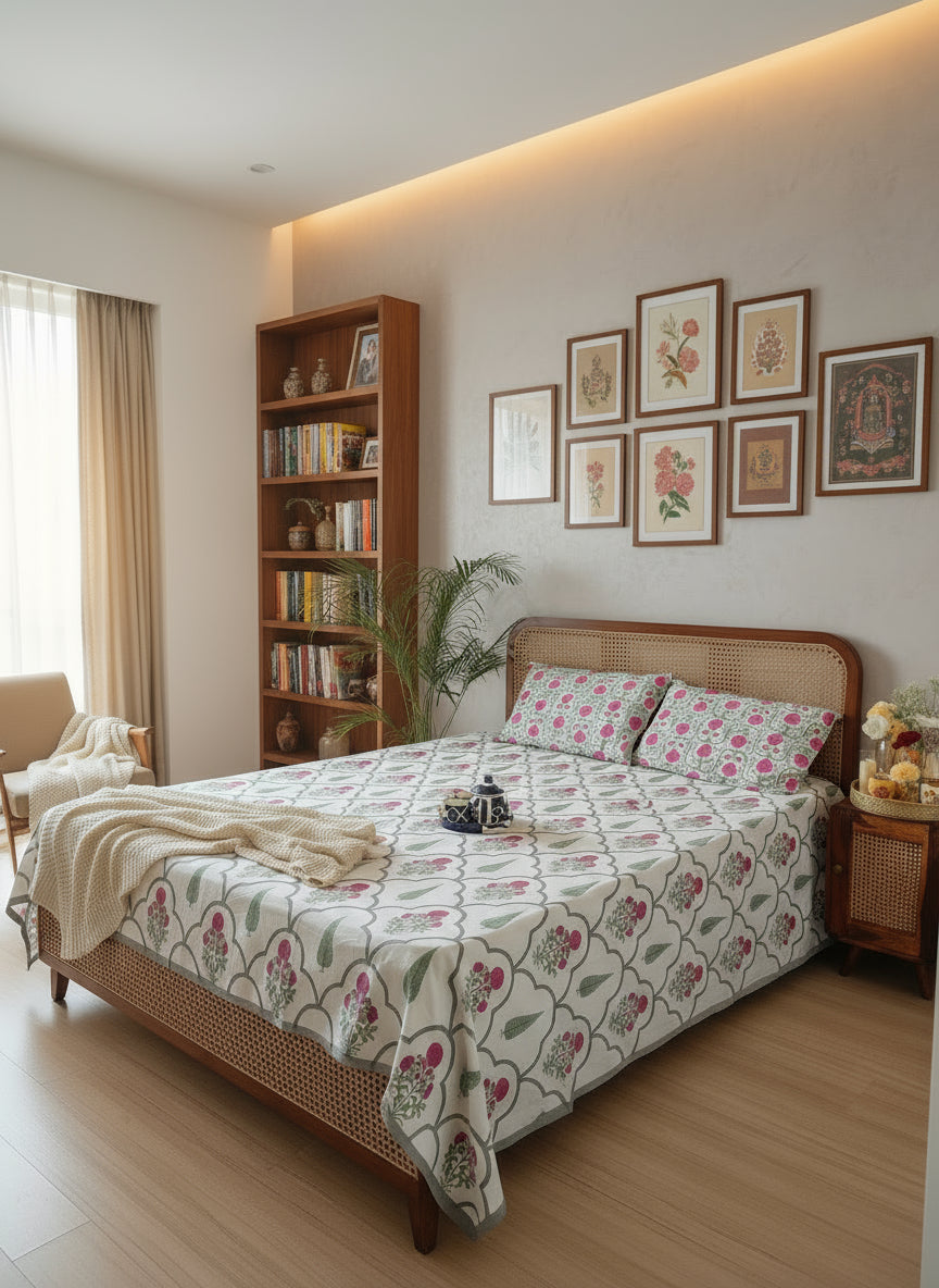 Floral patterned bedspread on a bed with a wicker headboard in a room setting.