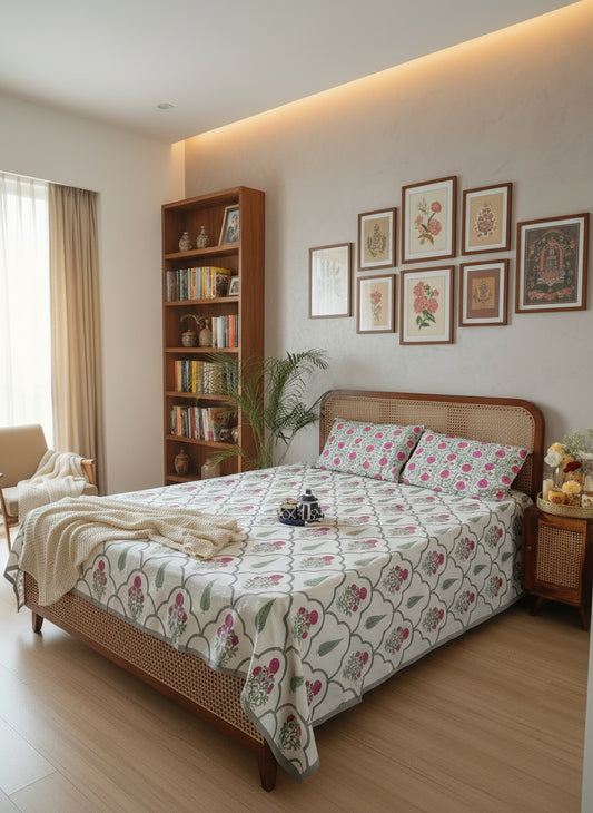 Floral patterned bedspread on a bed with a wicker headboard in a room setting.