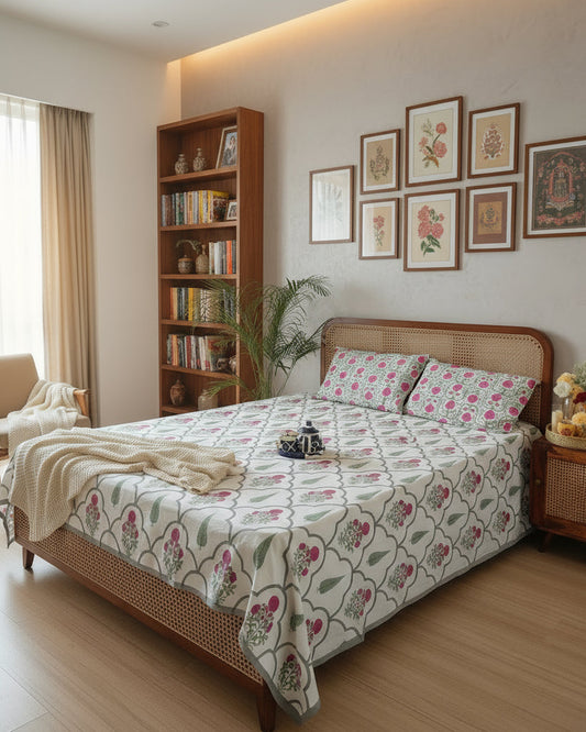 Floral patterned bedspread on a bed with a wicker headboard in a room setting.