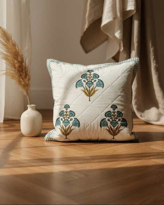Guldasta blue quilted cotton cushion cover – styled view