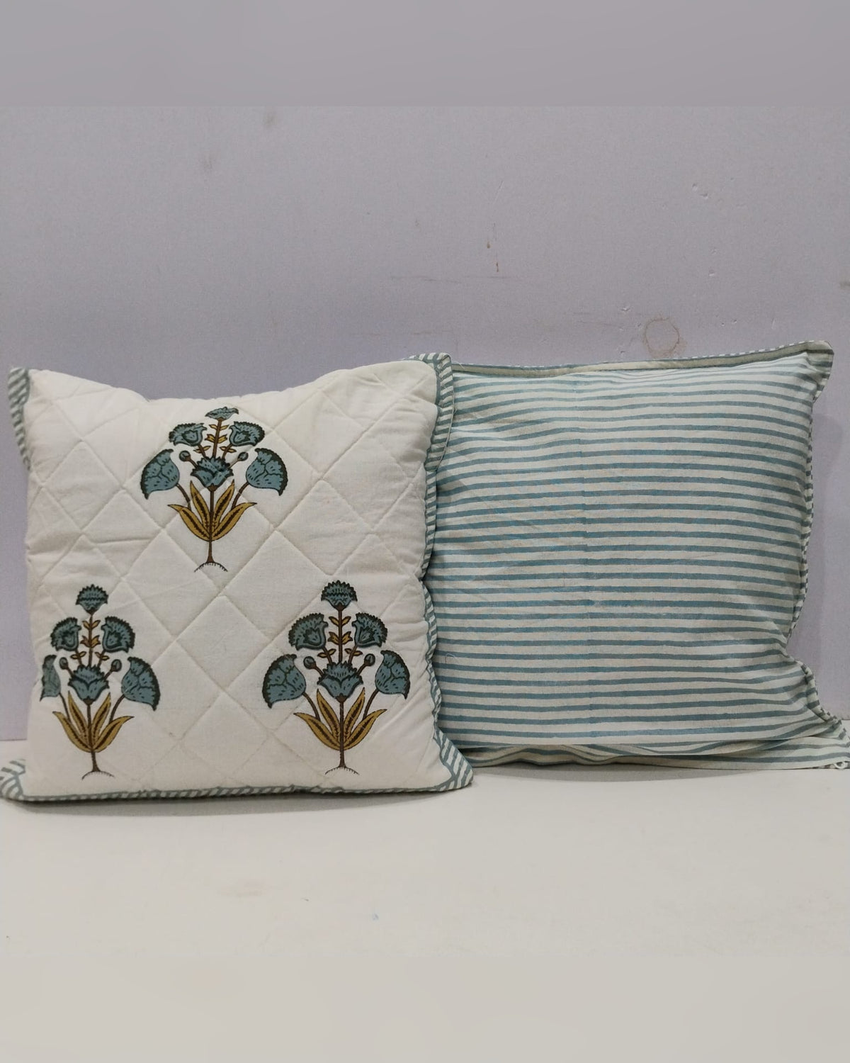 Guldasta blue quilted cotton cushion cover – alternate view