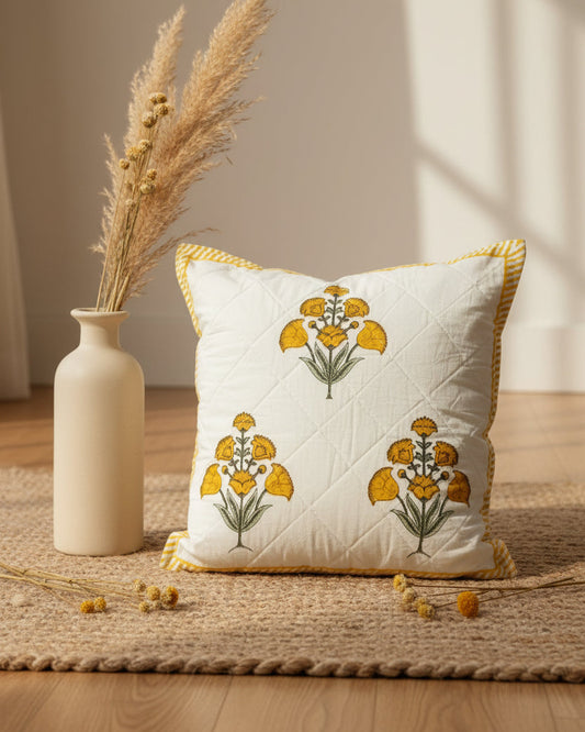 Guldasta yellow quilted cotton cushion cover – styled view