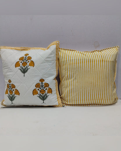 Guldasta yellow quilted cotton cushion cover – front view