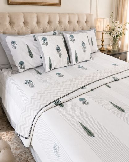 Gulmohar grey bedsheet and dohar bedding set – styled view