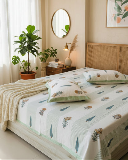 Green botanical striped cotton bedsheet with matching pillow covers in a plant-filled bedroom