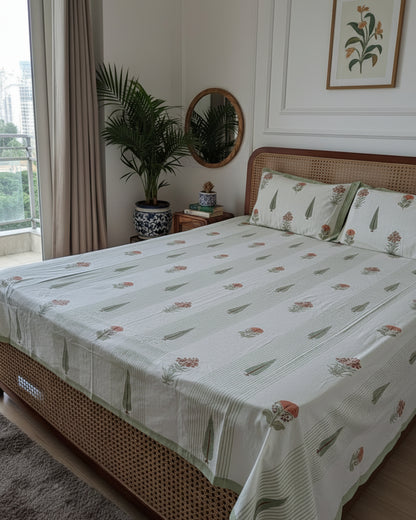 Gulmohar olive green floral pure cotton bedsheet – styled on a bed
