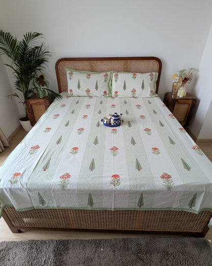 Gulmohar olive green floral pure cotton bedsheet – front view