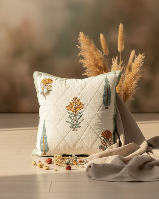 Gulmohar green quilted cushion cover styled with floral and cypress tree motifs
