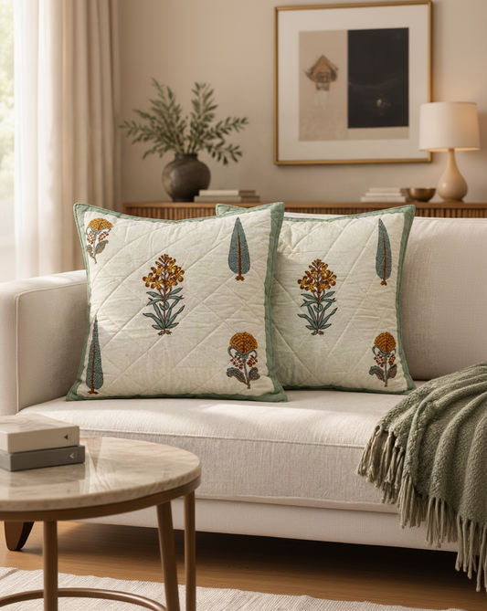 Gulmohar green quilted cotton cushion cover – front view