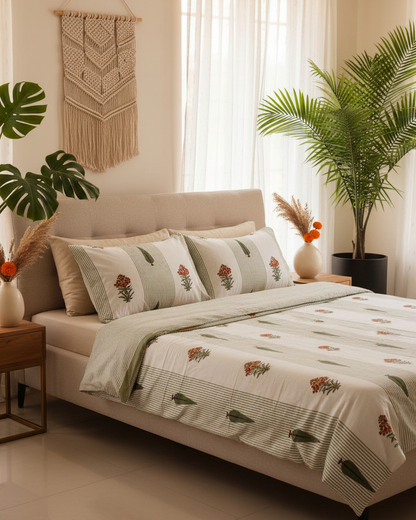 A neatly made bed in a bright, modern bedroom featuring a light beige upholstered headboard and bedding with a botanical pattern. The bedding includes a duvet cover and matching pillow shams in soft sage green and cream, decorated with orange flowers and green leaves.