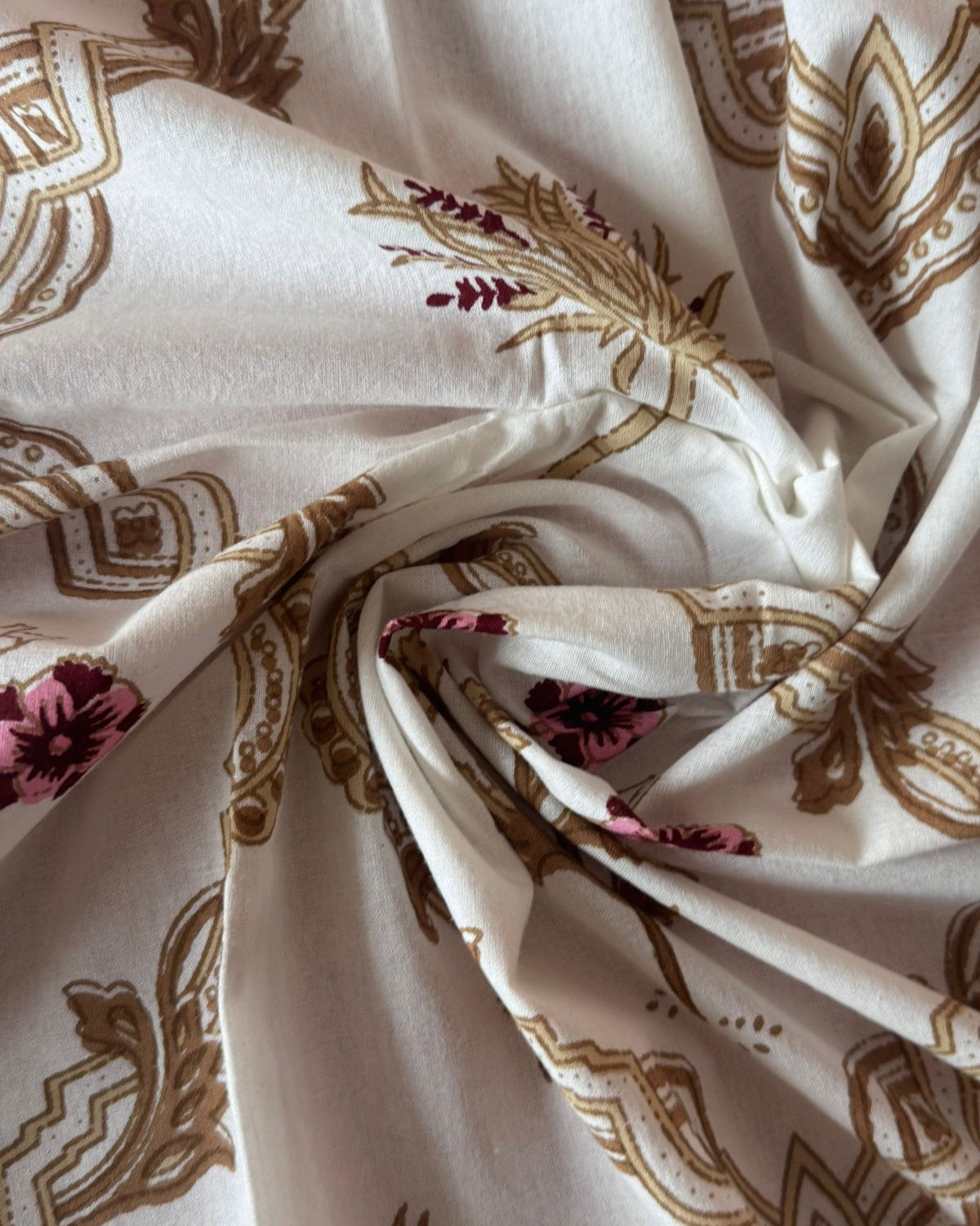 Close-up of patterned fabric with floral and geometric designs.