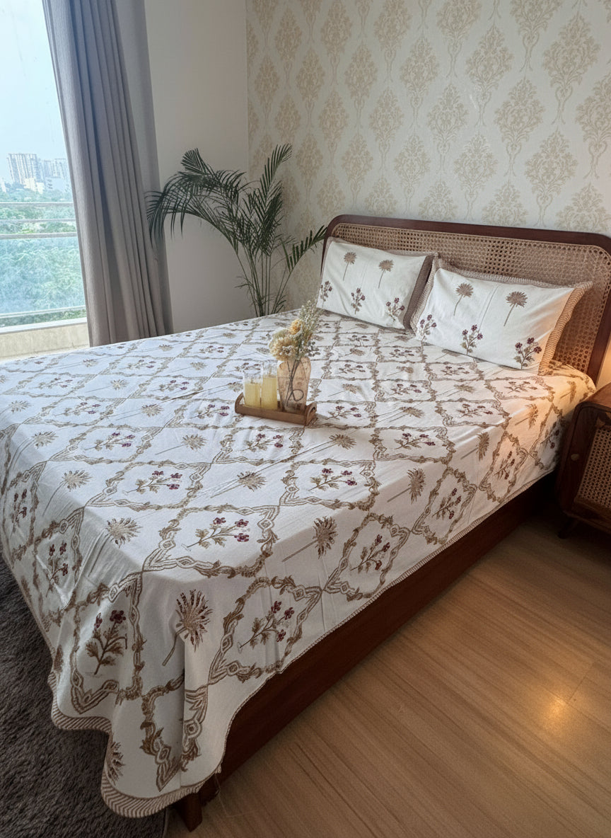 Bed with floral-patterned bedsheet in a well-lit bedroom