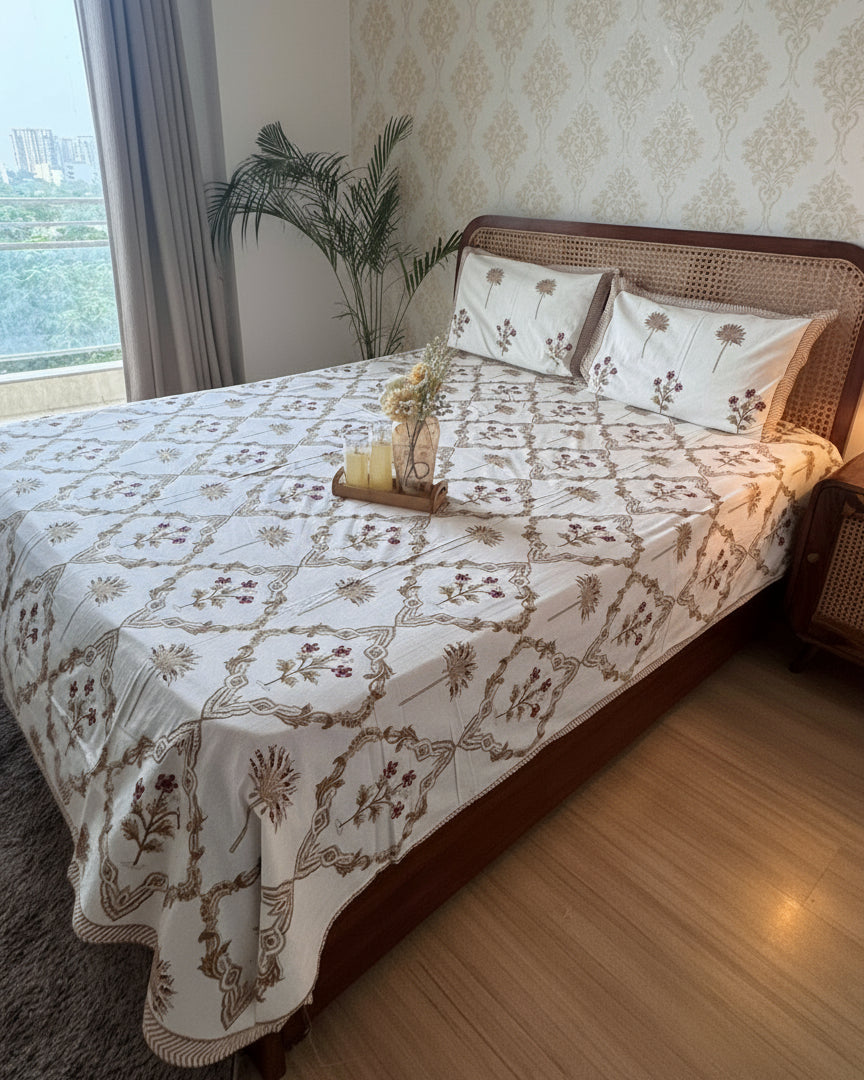 Bed with floral-patterned bedsheet in a well-lit bedroom
