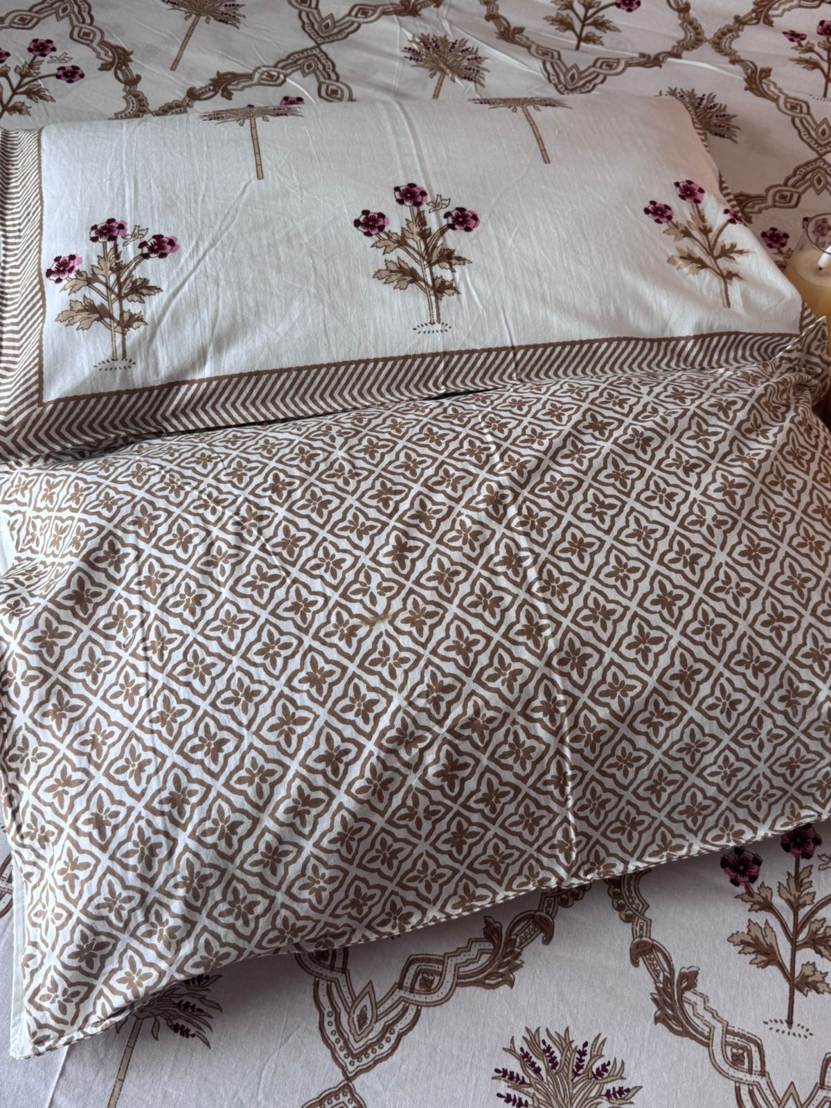 Bedsheet with floral patterns on a neutral background