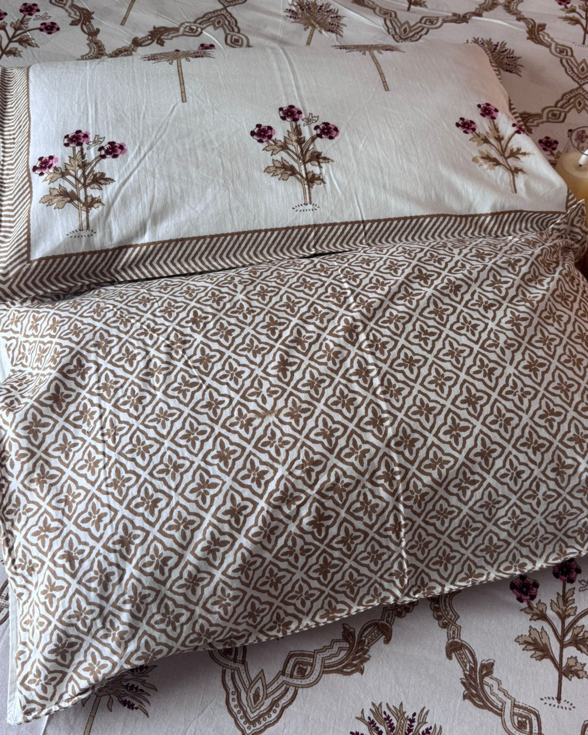 Bedsheet with floral patterns on a neutral background
